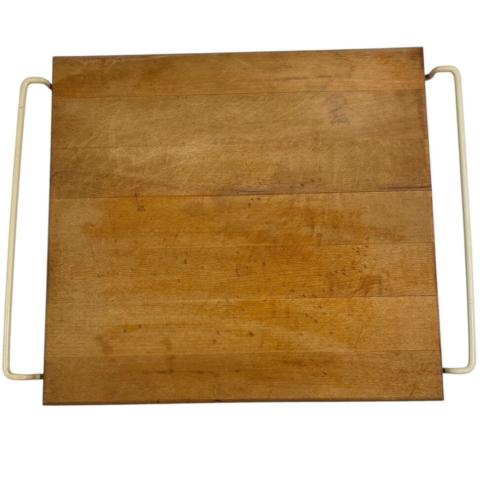 Vtg Wooden Butcher Block Cutting Board Metal Handles Country Farmhouse Cottage